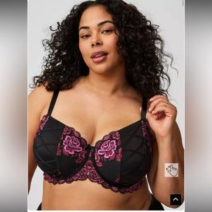 Torrid Unlined Full Coverage Bra 46C Rose Lace Floral Deep Black